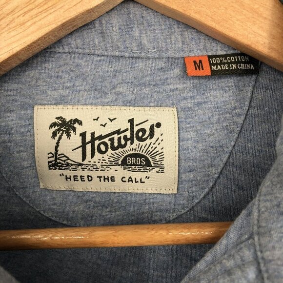 Howler Bros Men's Rookery Palm Tree Polo Shirt M Blue Heather Cotton Surf - Picture 3 of 9